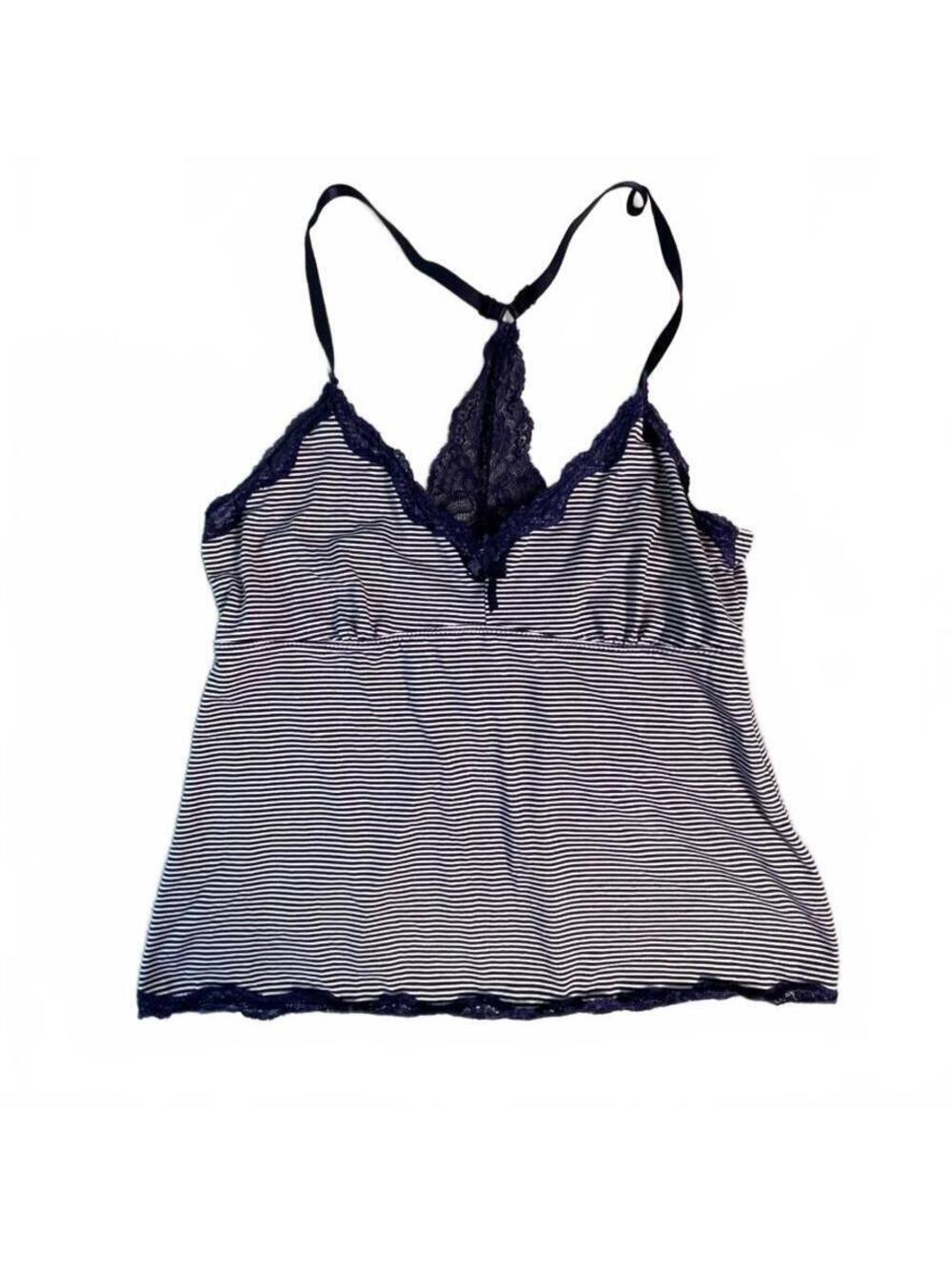 Laura Ashley Sleep Camisole Womens L Navy Striped Lace Trim Racerback Pajama Top